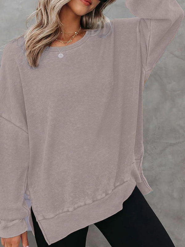 Women’s round neck long sleeve side slit waffle knit top - Khaki / S