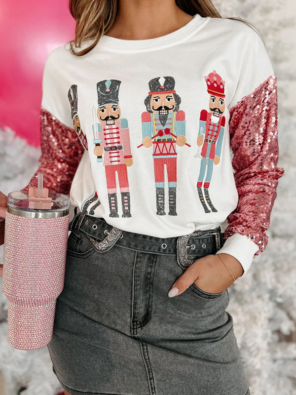 Women’s round neck sequined Christmas sweatshirt - White / S