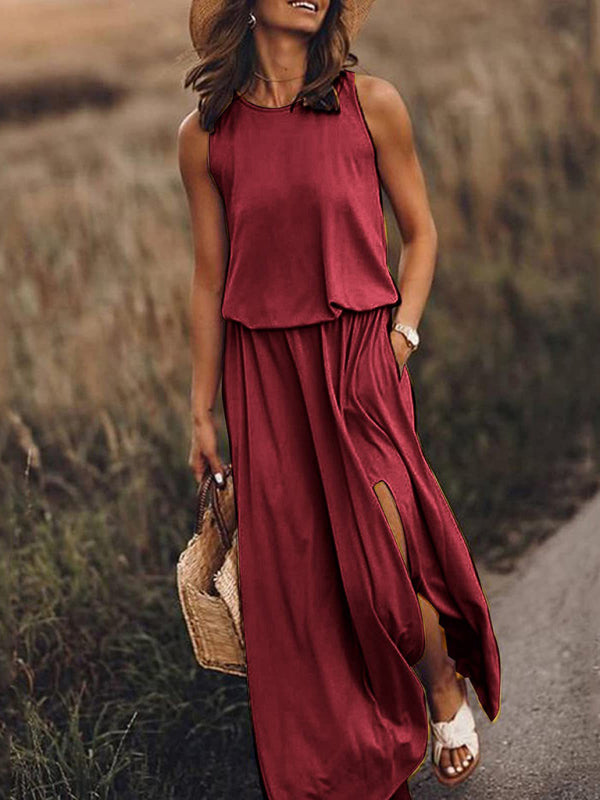 Women’s Round Neck Sleeveless Dress Slit Multicolor Solid Color Long Dress - Dark Red / S