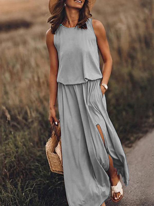 Women’s Round Neck Sleeveless Dress Slit Multicolor Solid Color Long Dress - Grey / S