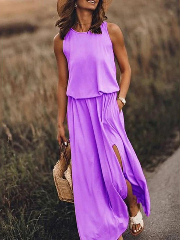 Women’s Round Neck Sleeveless Dress Slit Multicolor Solid Color Long Dress - Lavender / S