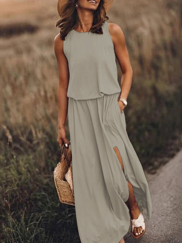 Women’s Round Neck Sleeveless Dress Slit Multicolor Solid Color Long Dress - Khaki / S