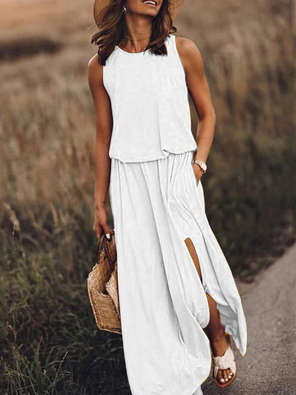 Women’s Round Neck Sleeveless Dress Slit Multicolor Solid Color Long Dress - White / S
