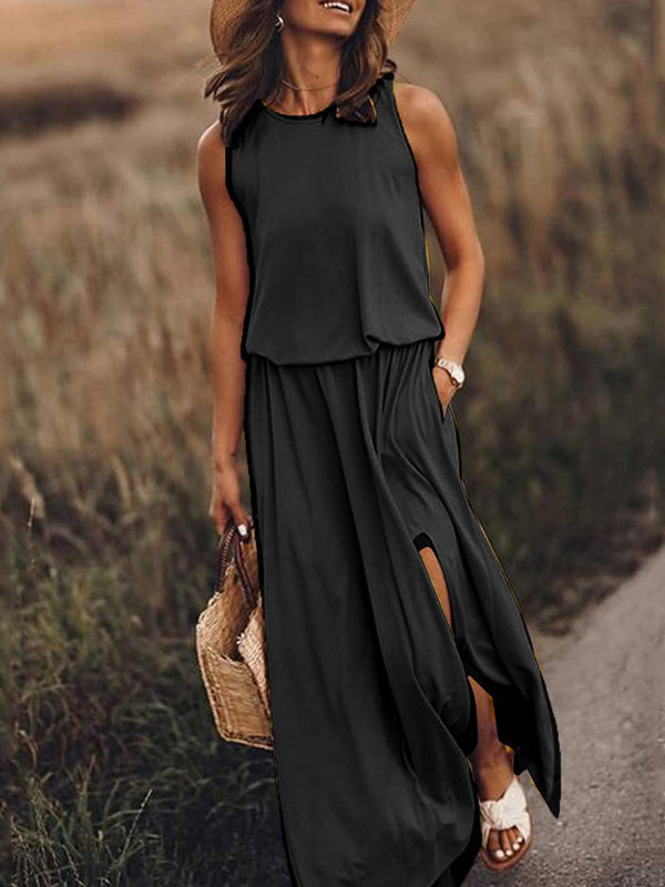 Women’s Round Neck Sleeveless Dress Slit Multicolor Solid Color Long Dress - Black / S