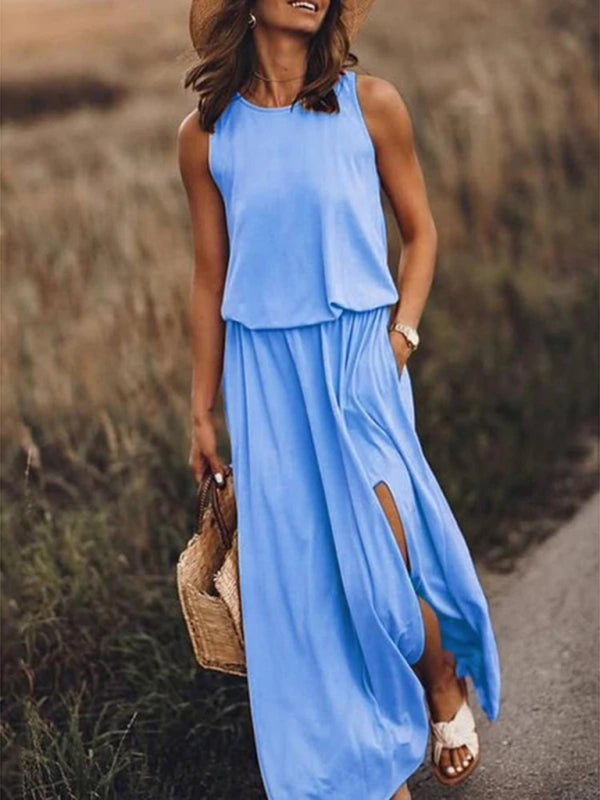 Women’s Round Neck Sleeveless Dress Slit Multicolor Solid Color Long Dress - Sky blue azure / S