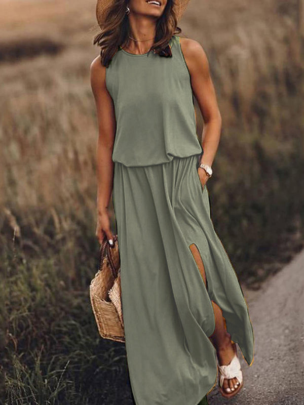 Women’s Round Neck Sleeveless Dress Slit Multicolor Solid Color Long Dress - Green black jasper / S