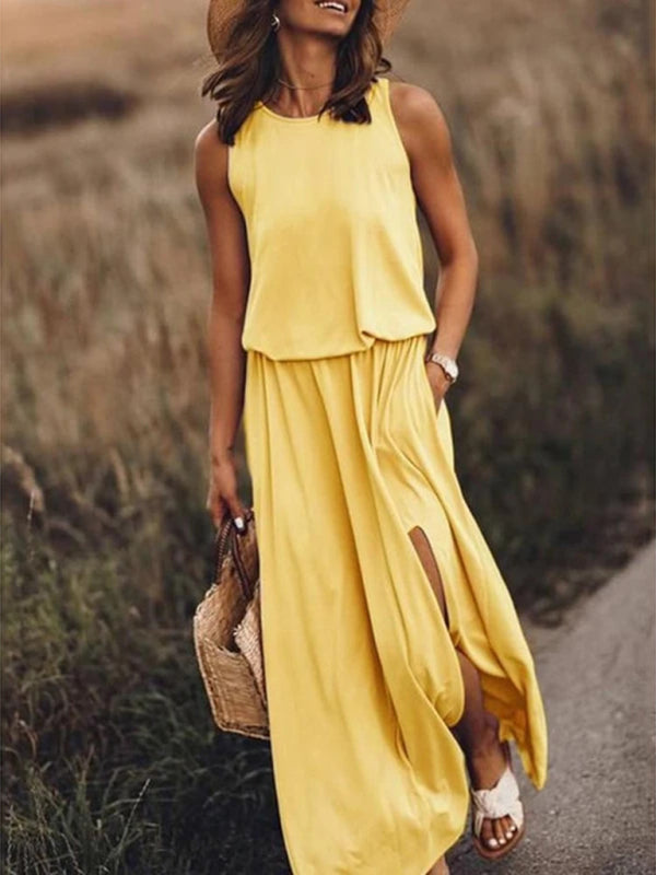 Women’s Round Neck Sleeveless Dress Slit Multicolor Solid Color Long Dress - Yellow / S