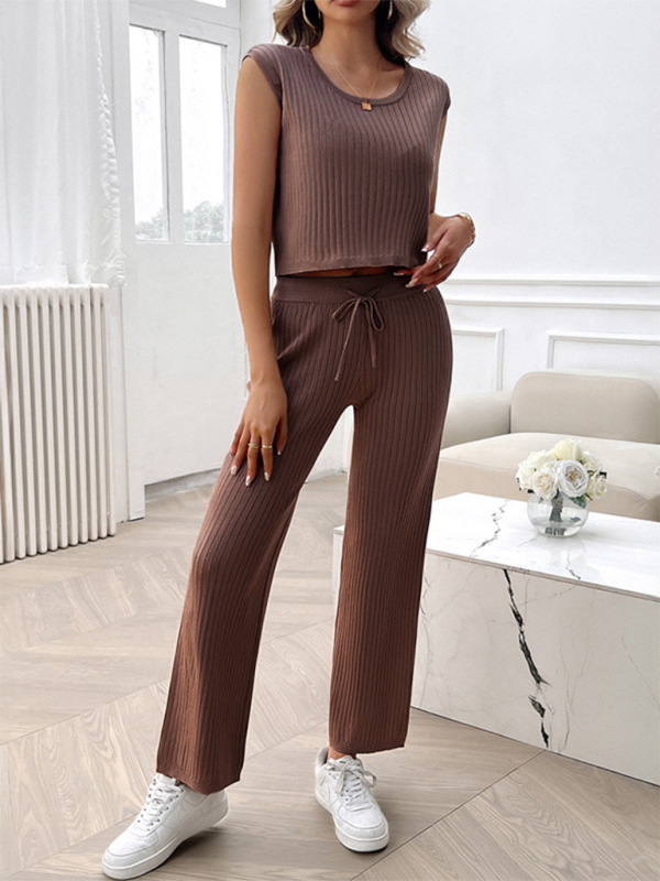Women’s round neck slim fit sweater suit - Brown / S