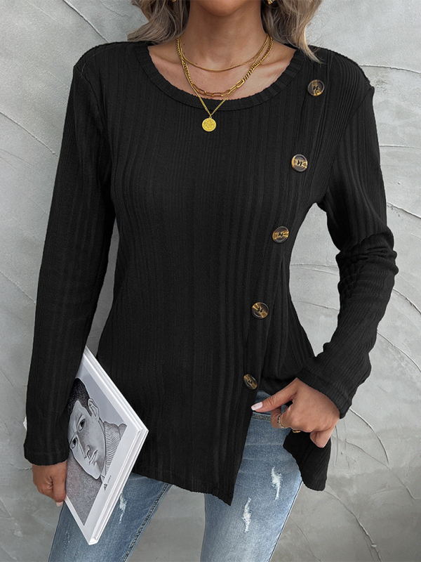 Women’s round neck slit button long sleeve top