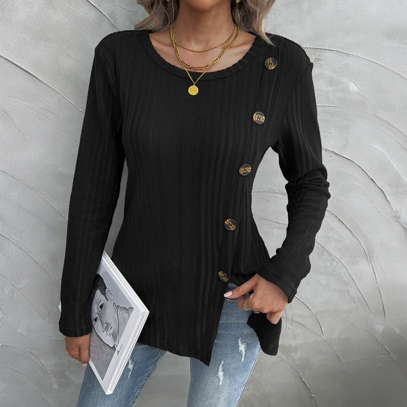 Women’s round neck slit button long sleeve top - Black / S