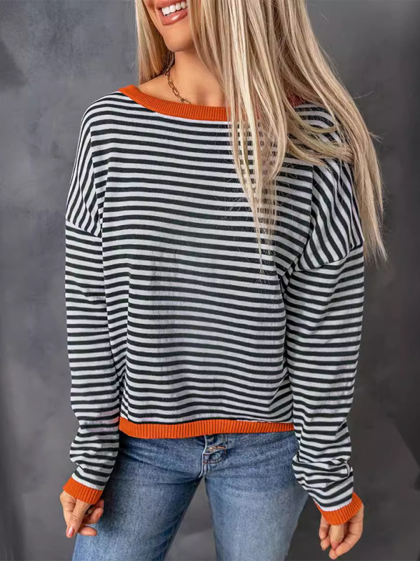 Women’s round neck striped contrast color long sleeve casual sweater