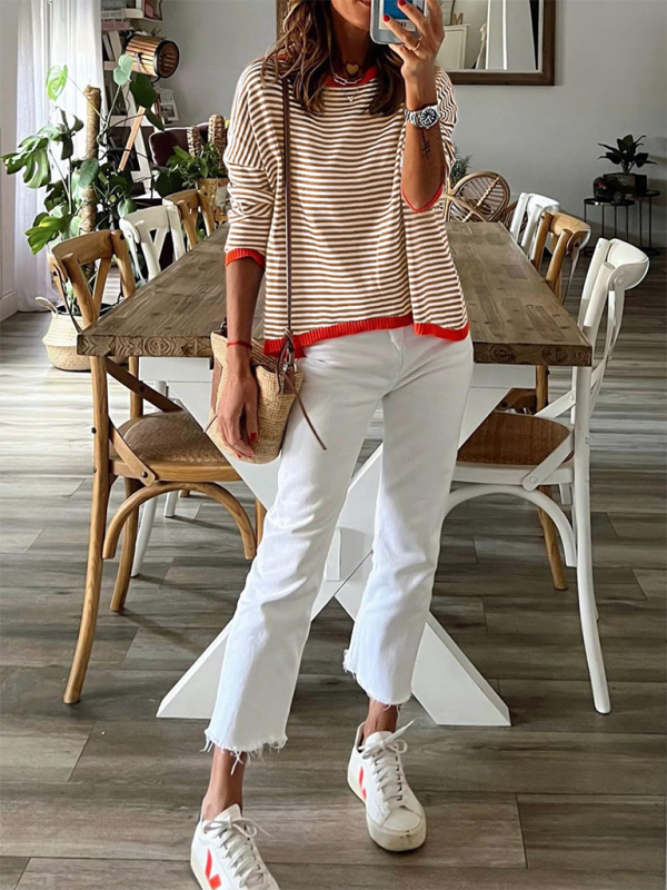 Women’s round neck striped contrast color long sleeve casual sweater - caramel / S