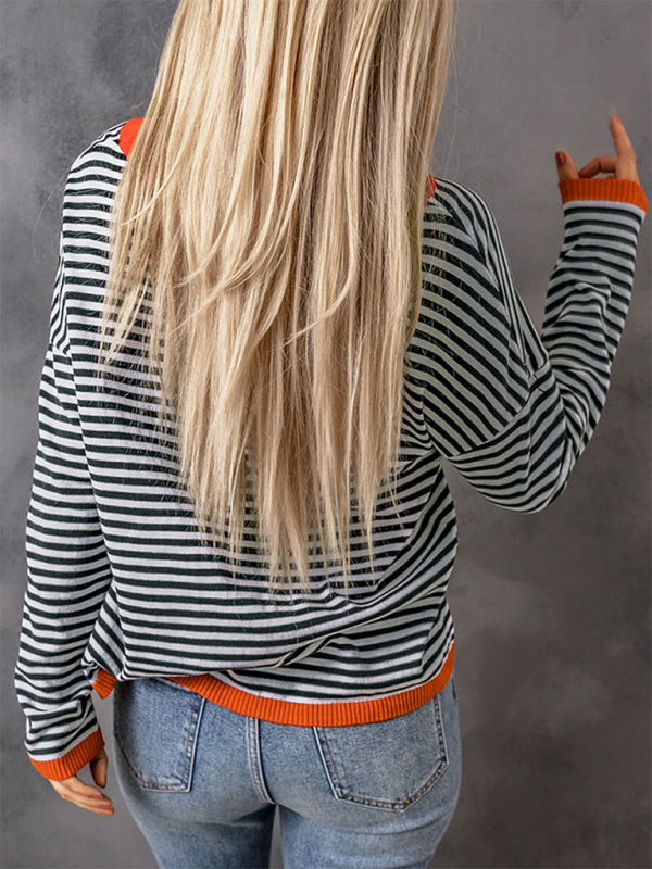 Women’s round neck striped contrast color long sleeve casual sweater