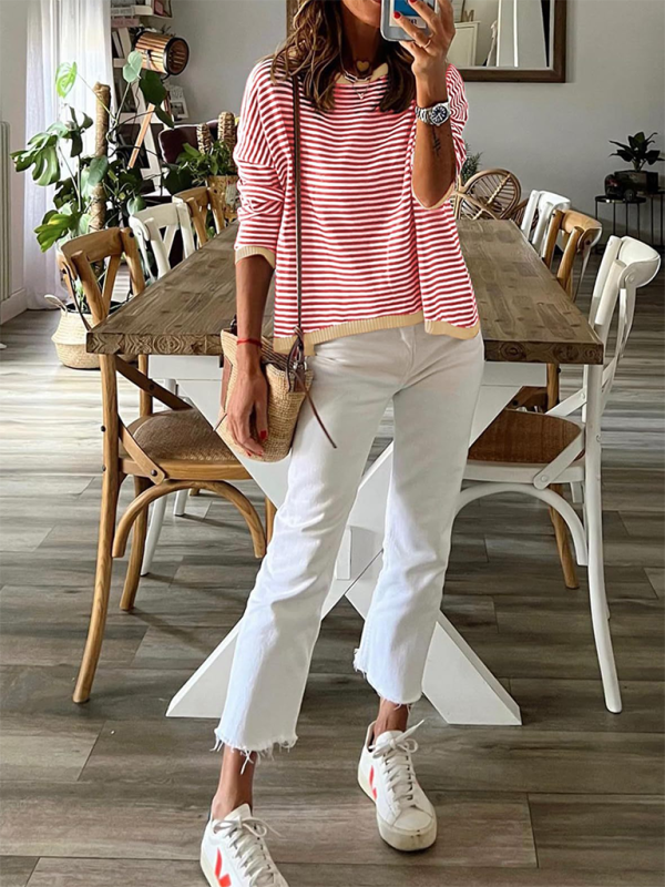 Women’s round neck striped contrast color long sleeve casual sweater - Pink / S