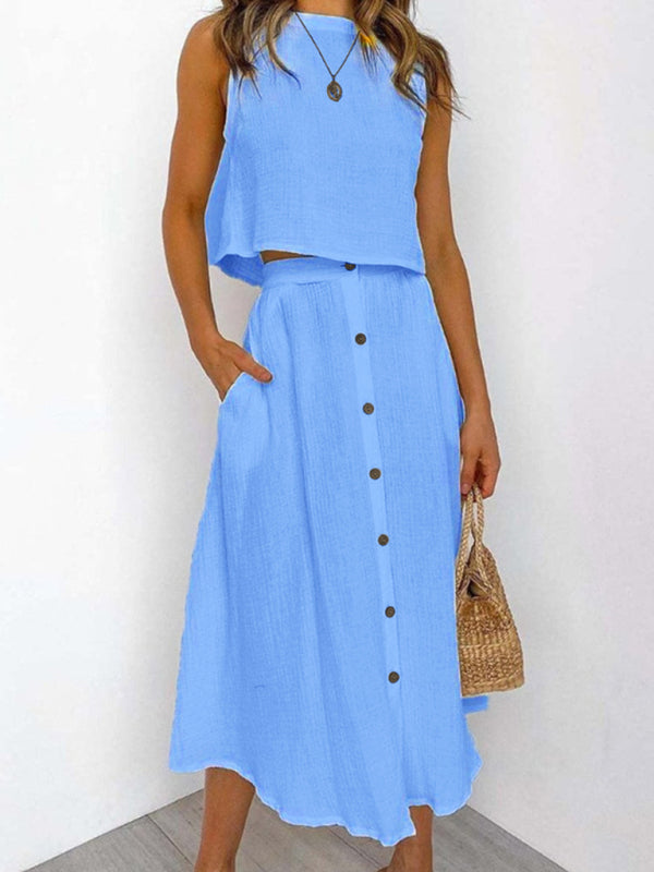 Women’s Round Neck Tank Mid-length Breasted Two-Piece Dress - Blue / S