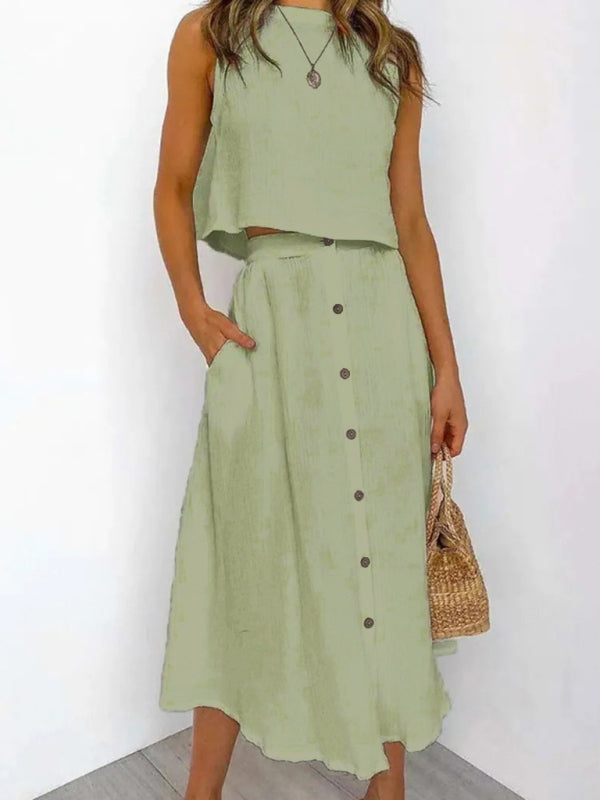 Women’s Round Neck Tank Mid-length Breasted Two-Piece Dress - Green / S