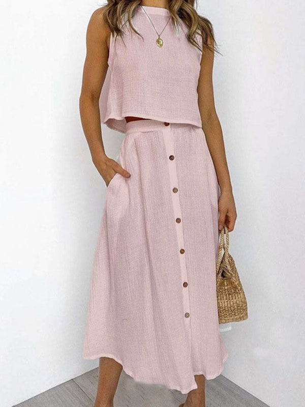 Women’s Round Neck Tank Mid-length Breasted Two-Piece Dress - Pink / S