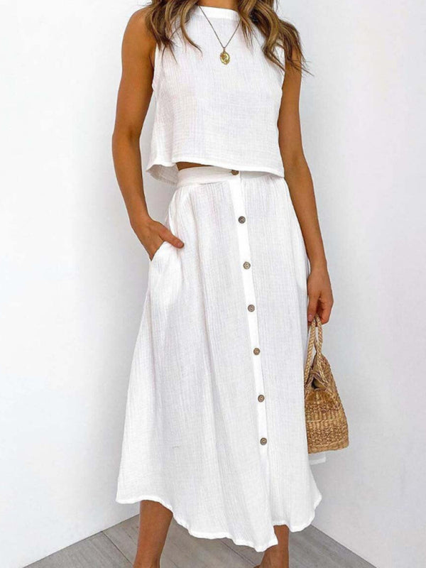 Women’s Round Neck Tank Mid-length Breasted Two-Piece Dress - White / S