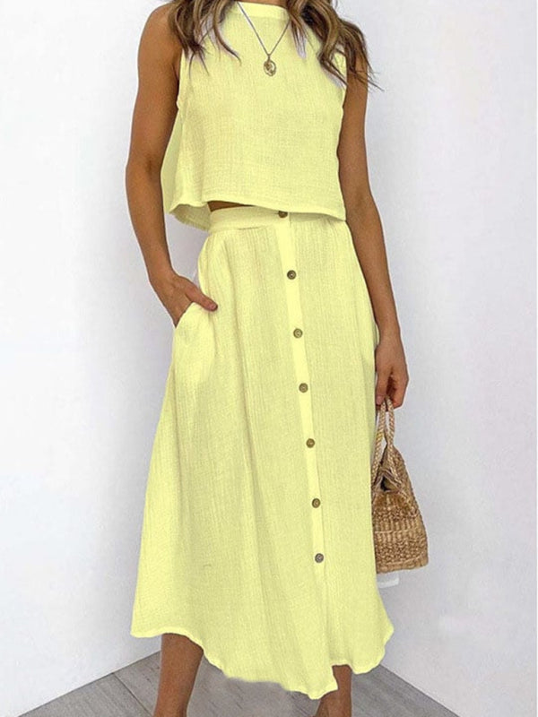 Women’s Round Neck Tank Mid-length Breasted Two-Piece Dress - Yellow / S