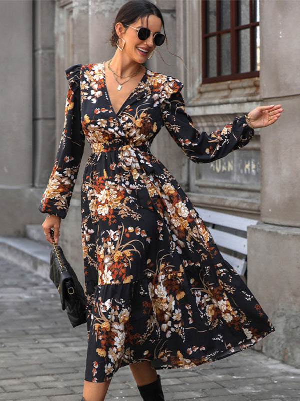 Women’s Ruffle Belt Printed Autumn Dress - Black / S