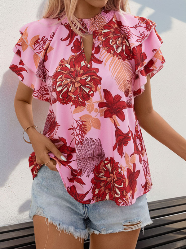Women’s ruffled sleeve printed shirt - Red / S