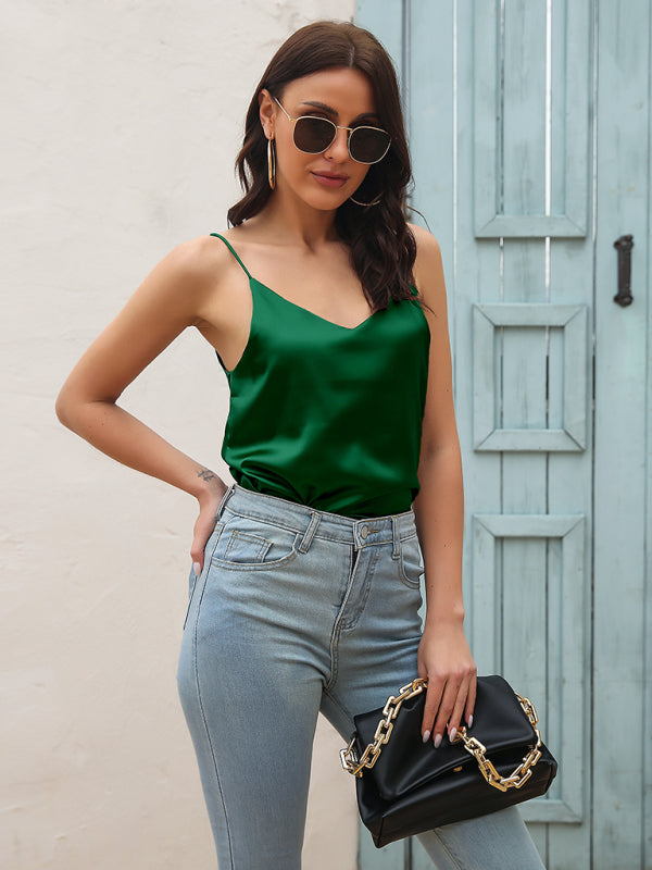 Women’s Satin imitation silk V-neck small suspender vest - Green / S