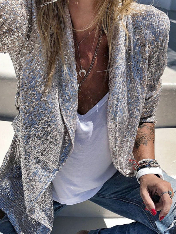 Women’s sequined long-sleeved mid-length lapel blazer - Silver grey / S