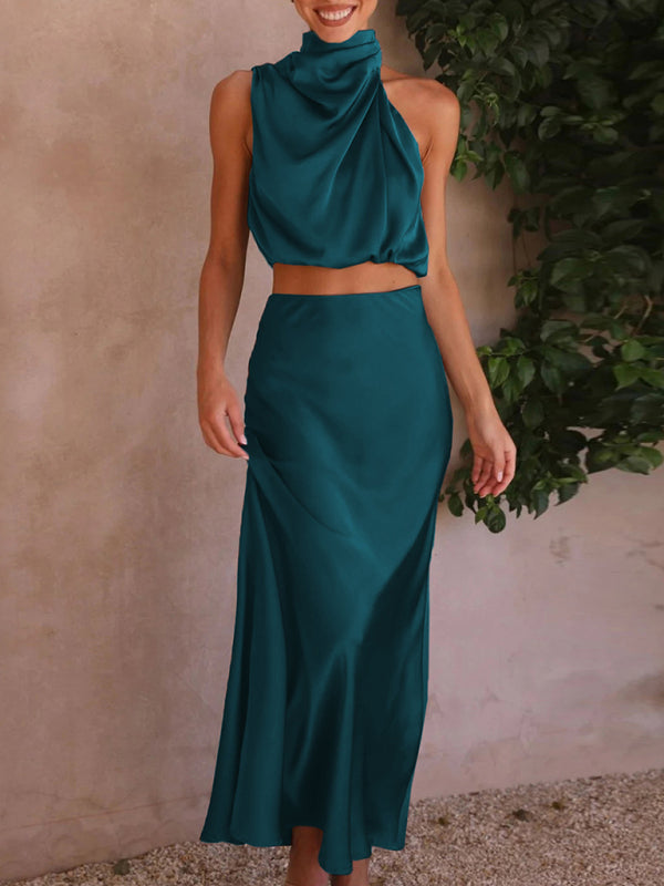 Women’s sexy bib top drape skirt elegant two-piece set - Acid blue / S