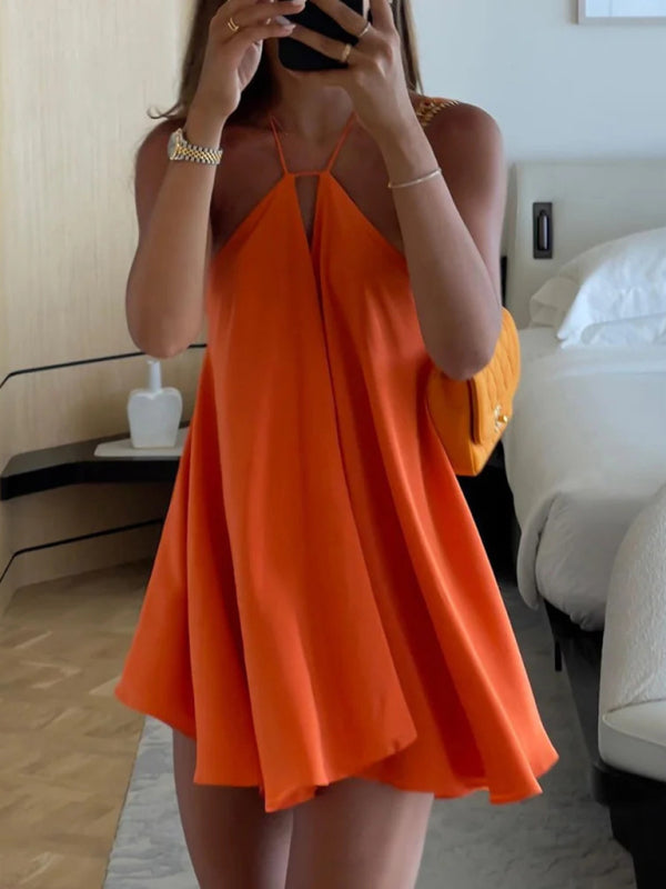 Short orange halter dress from Women’s Sexy Deep V-Neck Backless Suspender Loose A-Line Dress