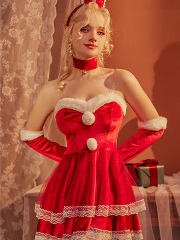 Women’s Sexy Faux Fur Trim Lingerie Dress Set - Red / FREESIZE