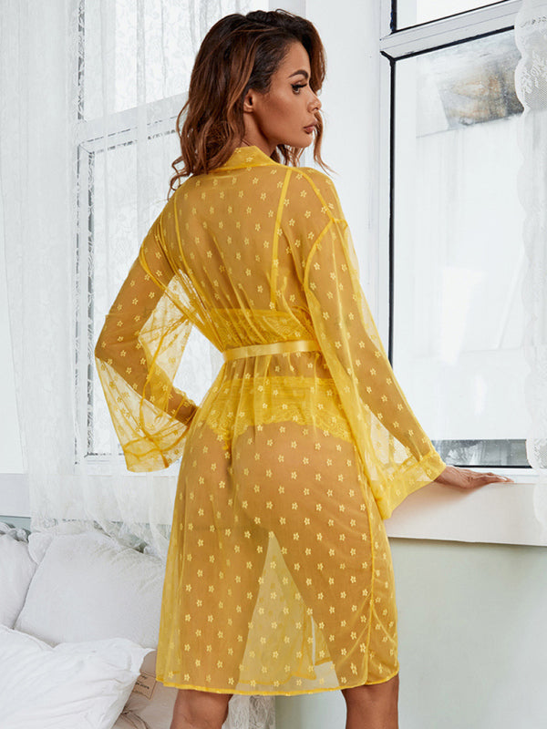 Women’s sexy mesh see-through pajamas four-piece long coat bra underwear set