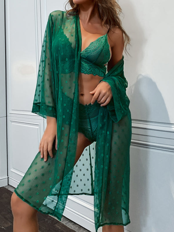 Women’s sexy mesh see-through pajamas four-piece long coat bra underwear set