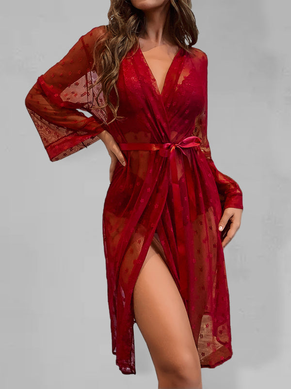 Women’s sexy mesh see-through pajamas four-piece long coat bra underwear set - Wine Red / S