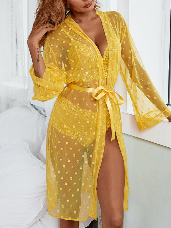 Women’s sexy mesh see-through pajamas four-piece long coat bra underwear set