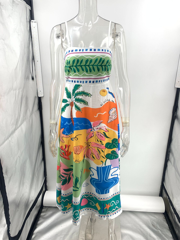 Women’s sexy positioning print suspender sleeveless swing dress