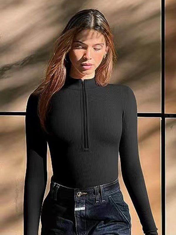 women’s sexy Stand collar long sleeverbodysuit - Black / S