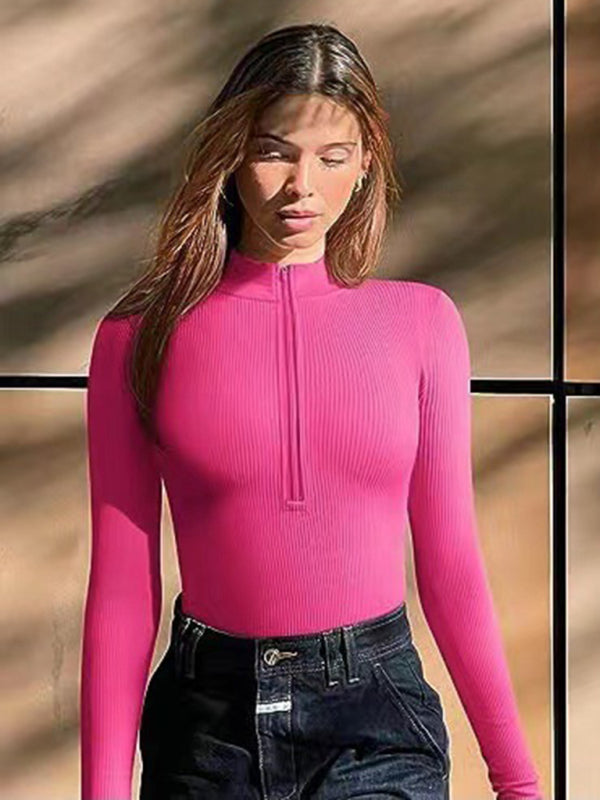 women’s sexy Stand collar long sleeverbodysuit - Rose / S
