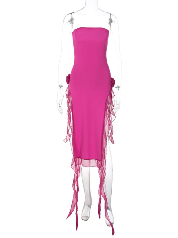 Women’s Sexy Style Breast-Wrapped Splicing Lace Exposed Leg-Slit Dress