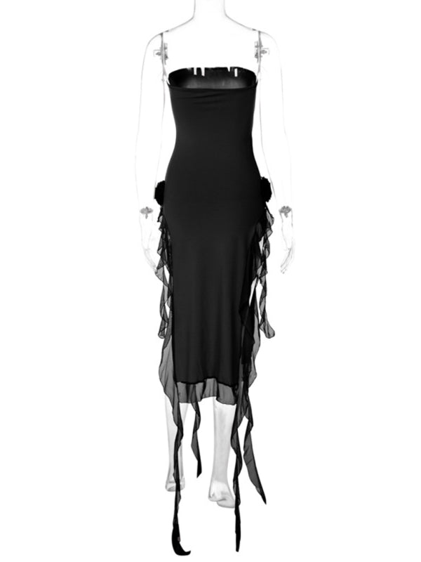 Women’s Sexy Style Breast-Wrapped Splicing Lace Exposed Leg-Slit Dress