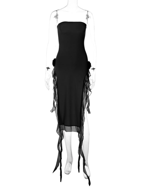 Women’s Sexy Style Breast-Wrapped Splicing Lace Exposed Leg-Slit Dress