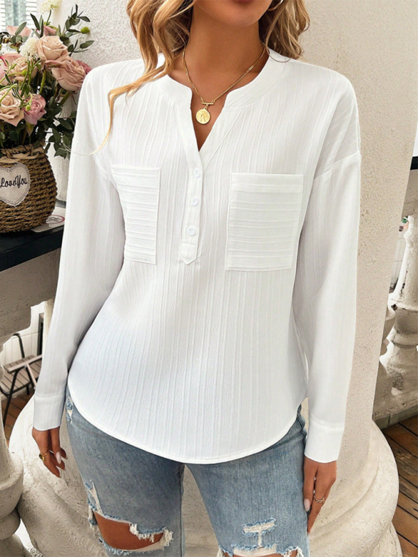 White long-sleeved blouse from Women’s Shirt V-Neck Temperament Casual Solid Color Pullover Top