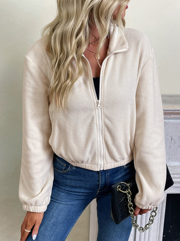women’s short solid color polar fleece jacket - Cracker khaki / S
