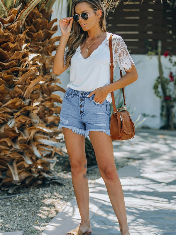 Women’s Shorts Mid Waist Buttoned Jeans Washed Ripped Denim Shorts