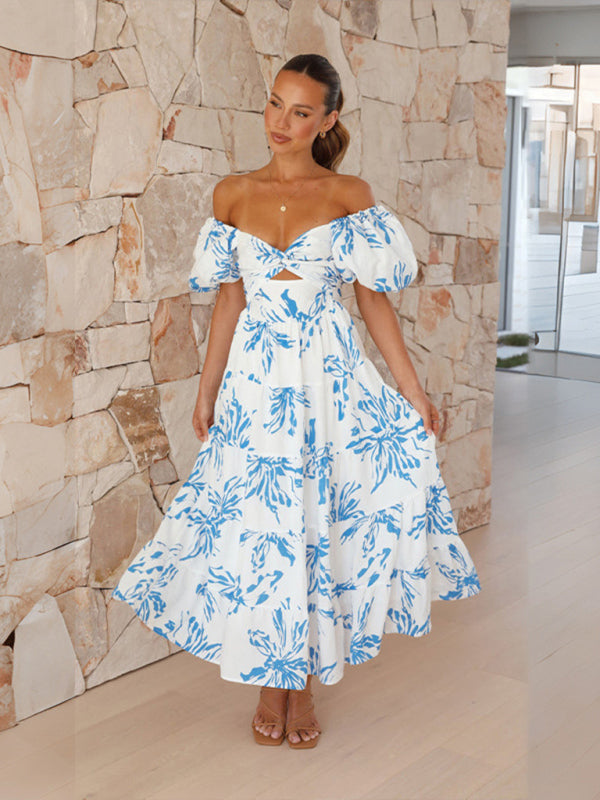 Women’s Slim Fit Printed Puff Sleeve Swing Dress - Blue / S