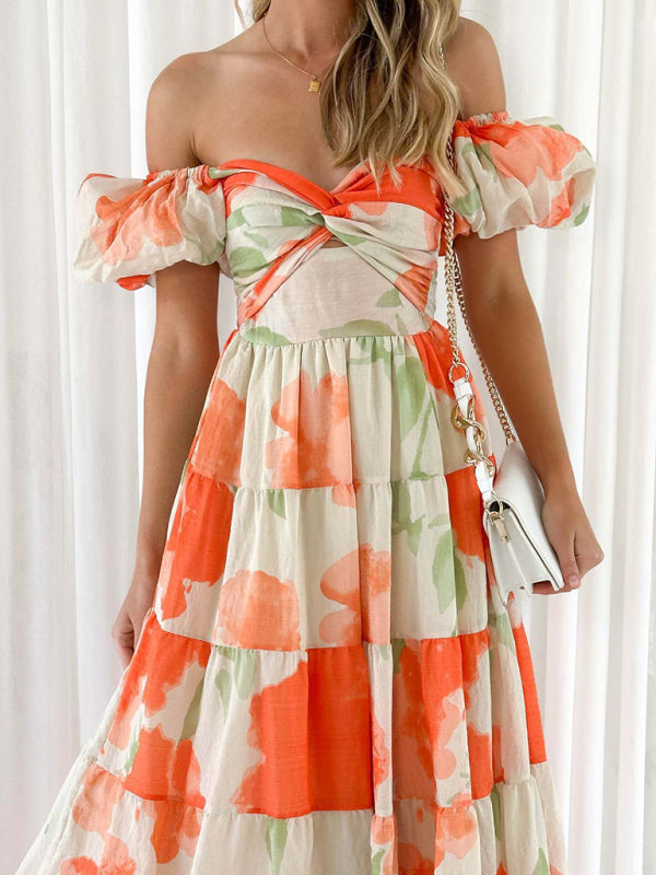 Women’s Slim Fit Printed Puff Sleeve Swing Dress - Orange / S