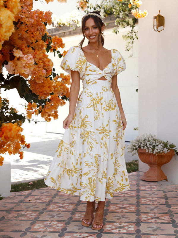 Women’s Slim Fit Printed Puff Sleeve Swing Dress - Yellow / S