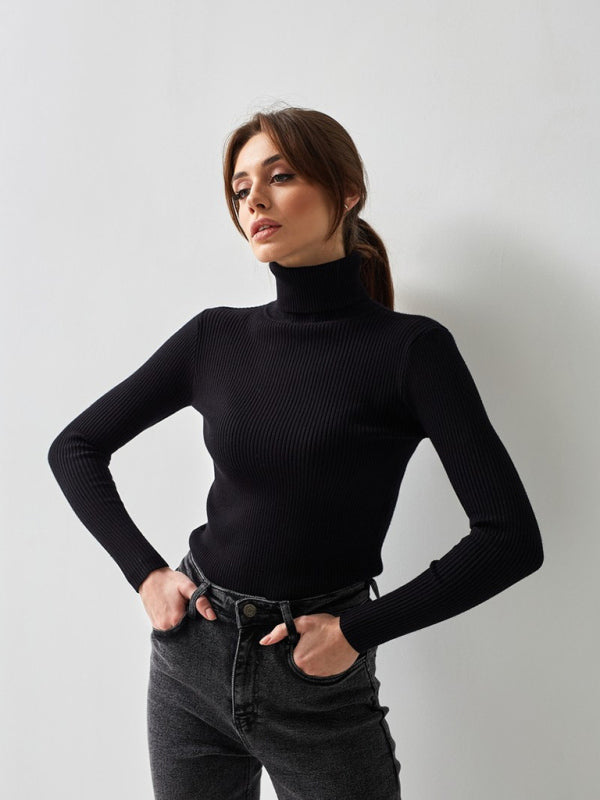 Women’s slim high collar long sleeve pullover sweater - Black / F