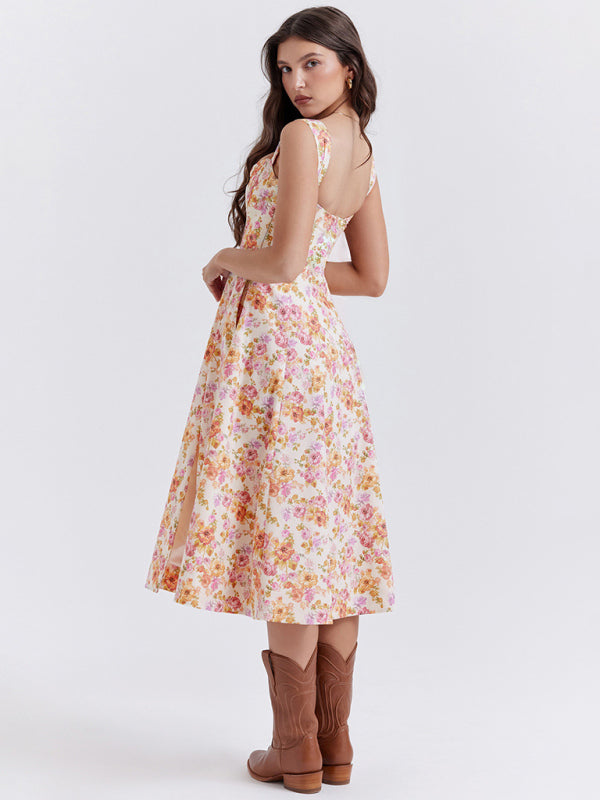 Women’s Slim Suspender Sexy Slit Floral Dress
