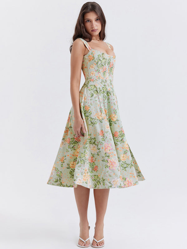 Women’s Slim Suspender Sexy Slit Floral Dress