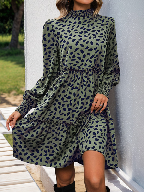 Women’s small stand collar leopard print long sleeve loose dress - Green / S